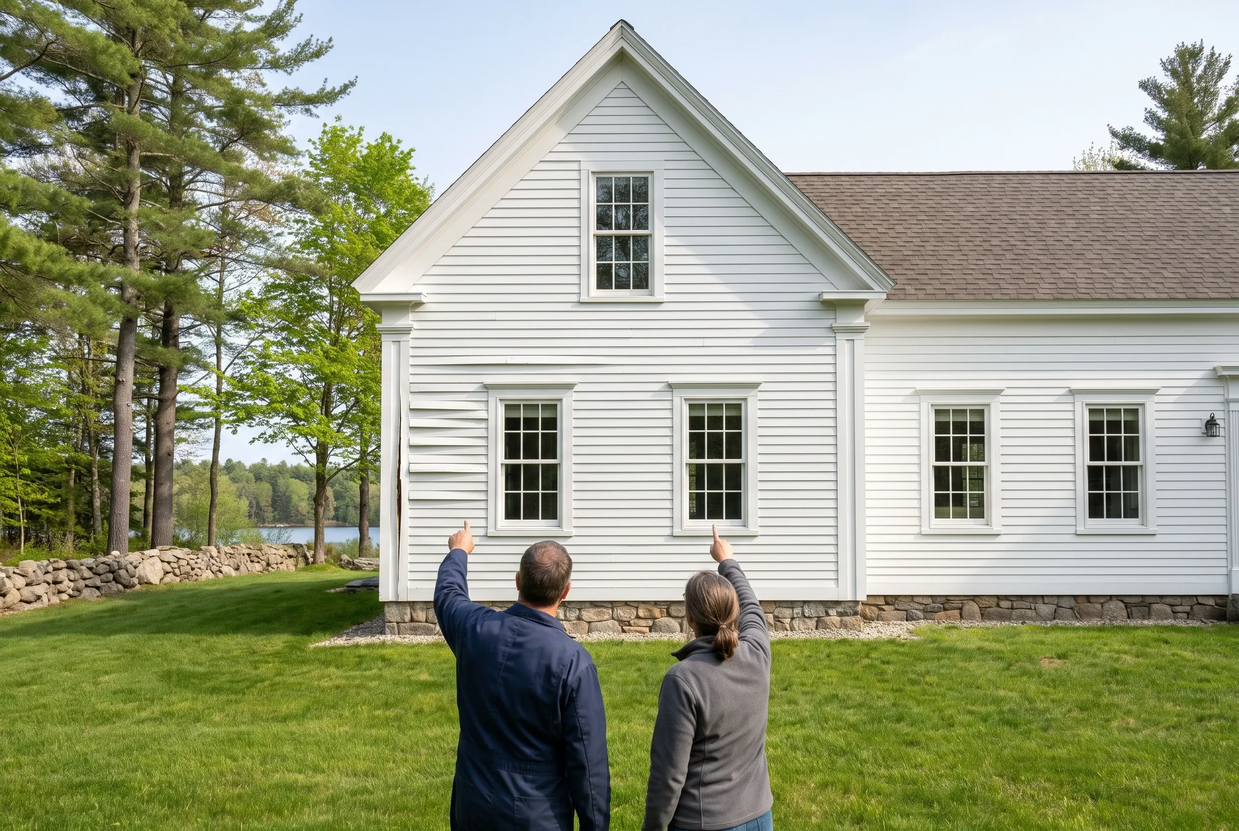 White Cape Cod in Standish, ME: Two people standing in yard facing white-sided house with dark roof, stone foundation, and gabled peak window.