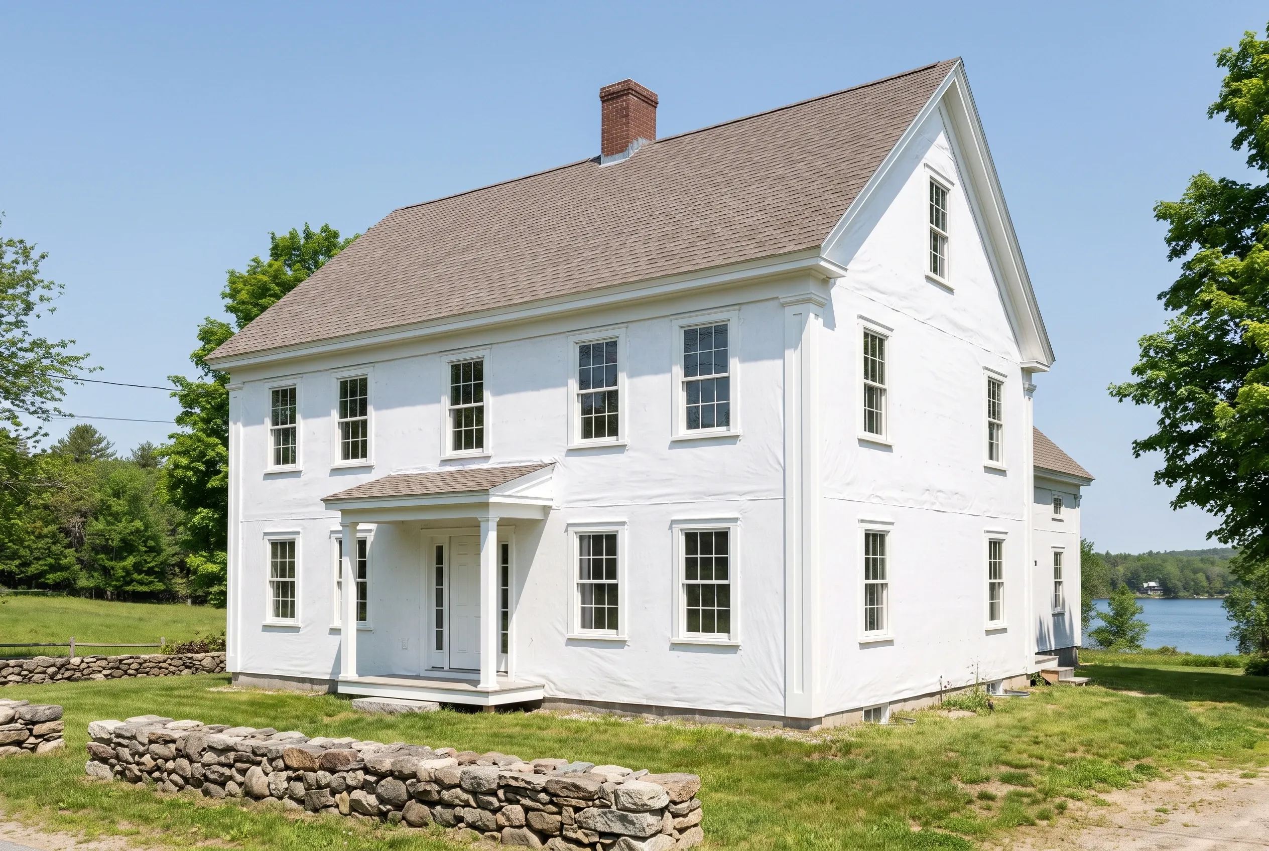White Colonial Home in Standish, ME: Two-story white painted wood-sided colonial house with black-shuttered windows, gray shingled roof, brick chimney, covered front porch, and stone foundation walls, set on green lawn with water visible in background.