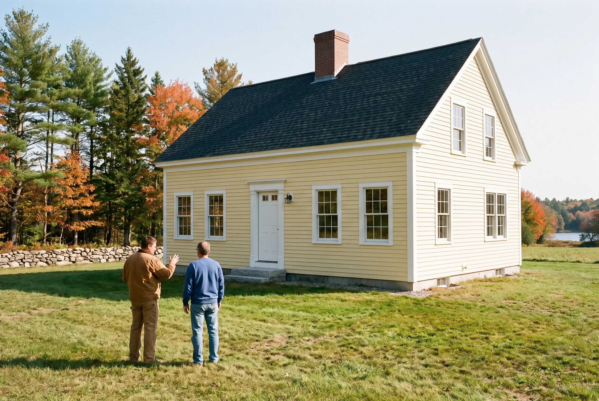 Re-sided home in Standish, ME: Two men stand in front of a single-story house with cream-colored vinyl siding, white trim, and dark roof. Rural setting with trees and water visible in background.