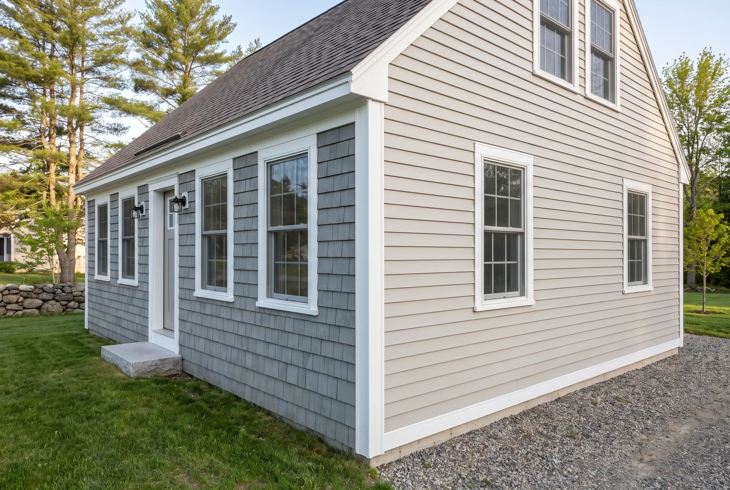 Re-sided Cape Cod in Westbrook, ME: A single-story addition with tan horizontal siding, blue-gray shingle siding on left side, white trim, dark roof, multiple windows, gravel driveway, surrounded by green lawn and trees.