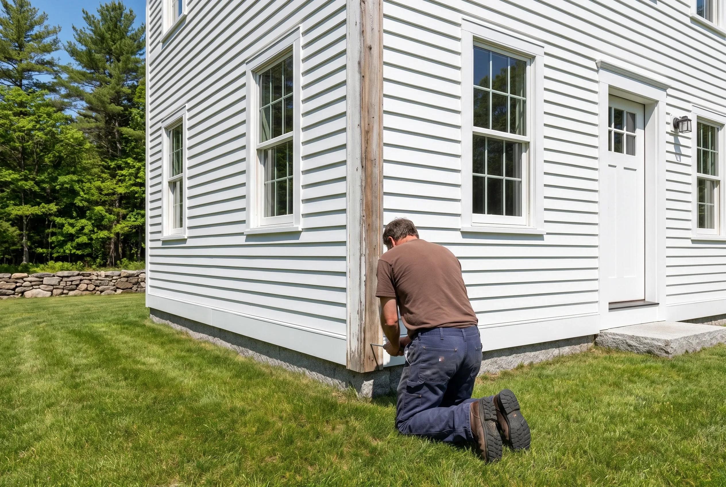 Siding replacement on colonial home in Westbrook, Maine: Worker on knees installing white horizontal siding with gray stripes on corner of two-story house with white trim and windows, stone foundation visible, green lawn and trees in background.