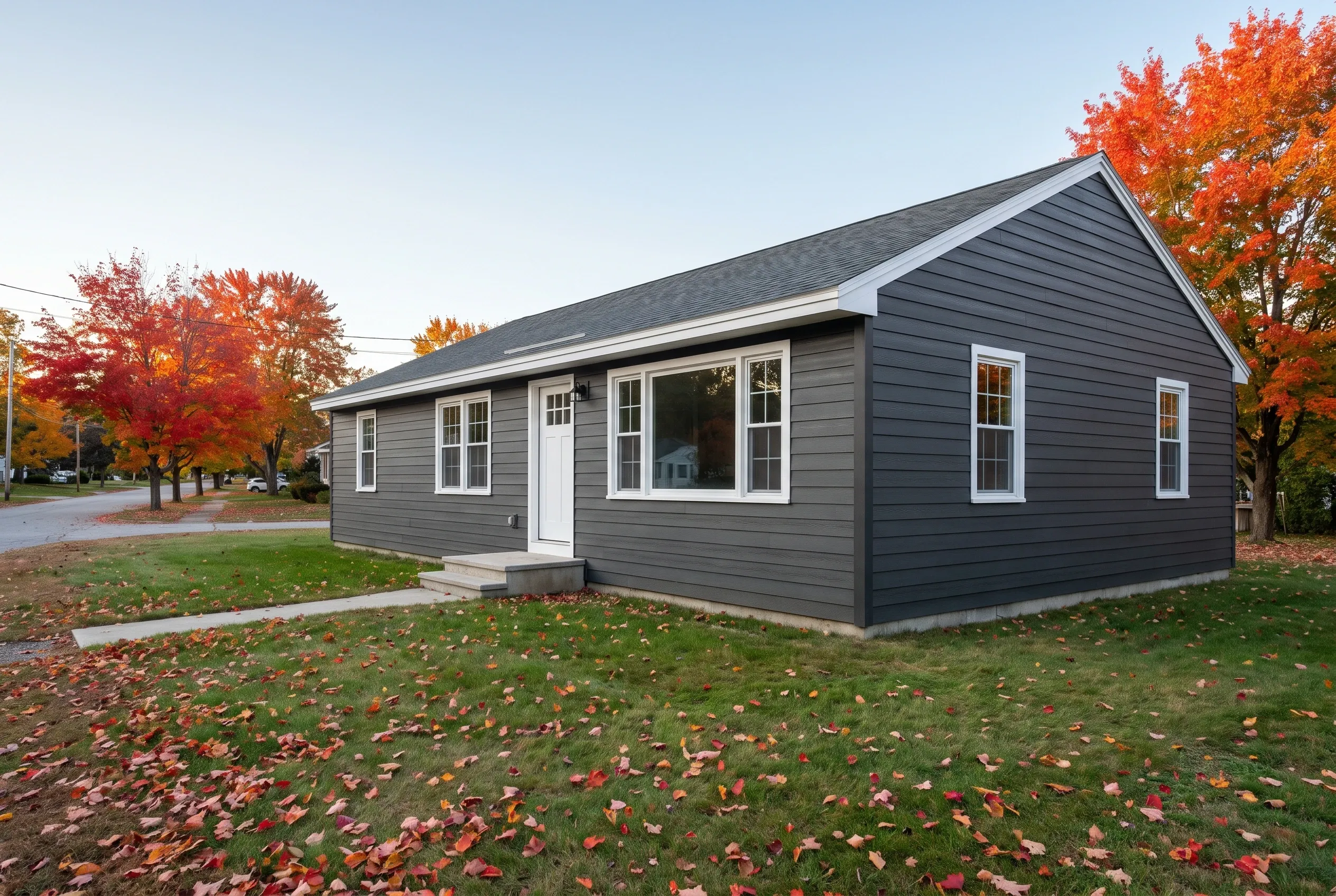 Re-sided ranch home in Westbrook, ME: Gray horizontal siding with white trim and windows on a single-story house with dark roof, set on lawn with fall foliage.