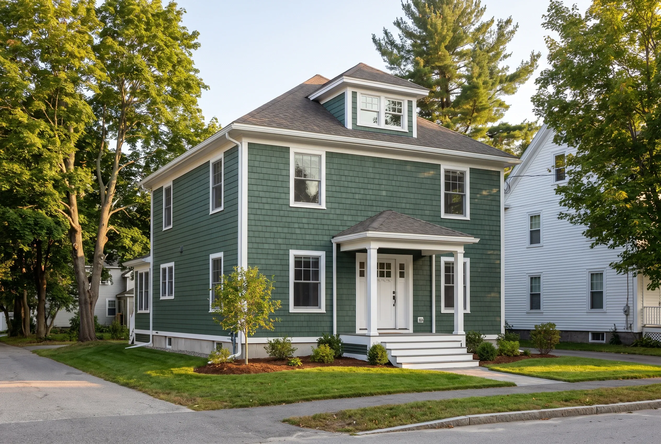 Siding contractors in Westbrook, ME: Green shingle-style sided two-story house with white trim, dark roof, front porch, and mature trees in residential neighborhood.