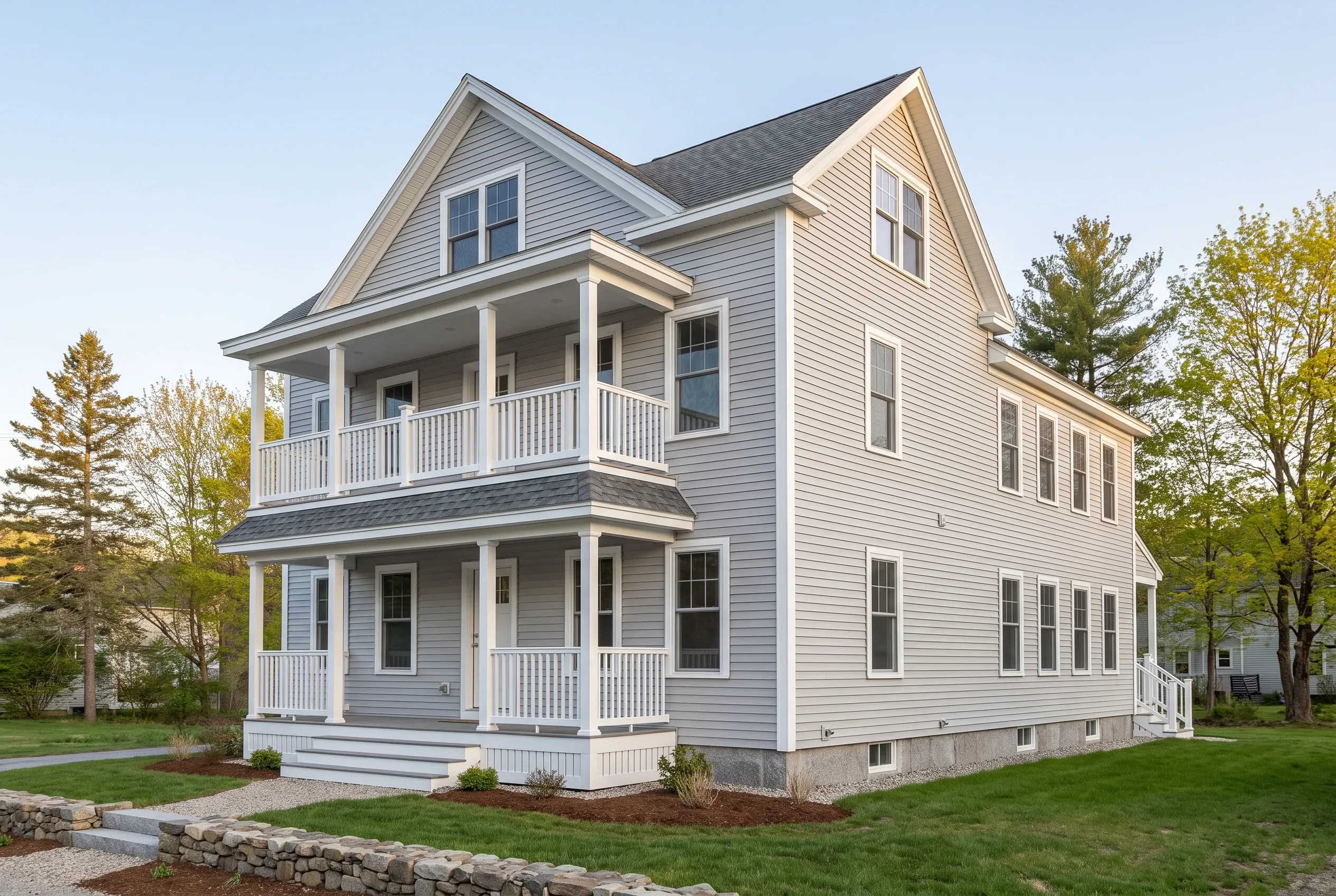 Re-sided colonial in Westbrook, ME: Two-story house with light gray vinyl siding, white trim and railings, dark gray roof, two front porches, surrounded by lawn and evergreen trees.