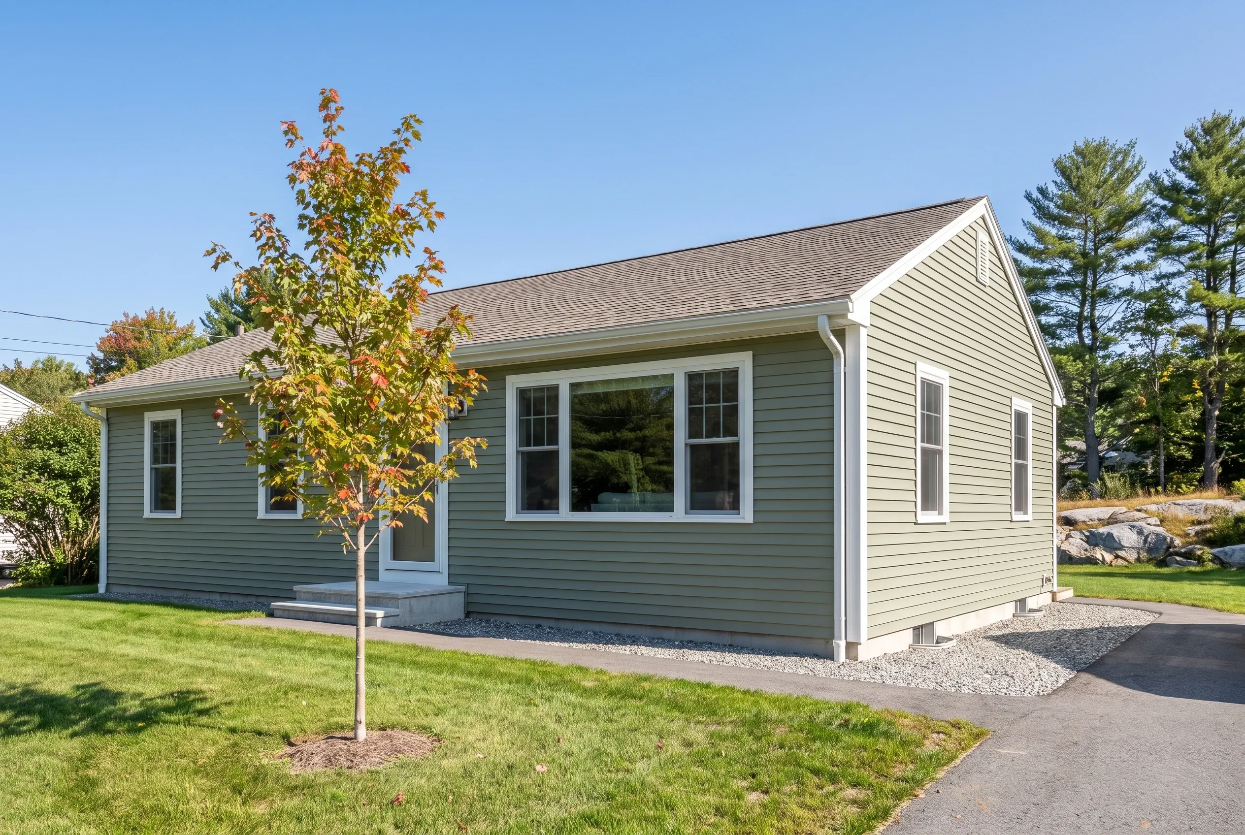 Re-sided ranch home in Westbrook, ME: Single-story house with gray-green horizontal siding, white trim, and gray asphalt roof. Large front windows and covered porch. Young tree in front yard, driveway on right, evergreen trees in background.