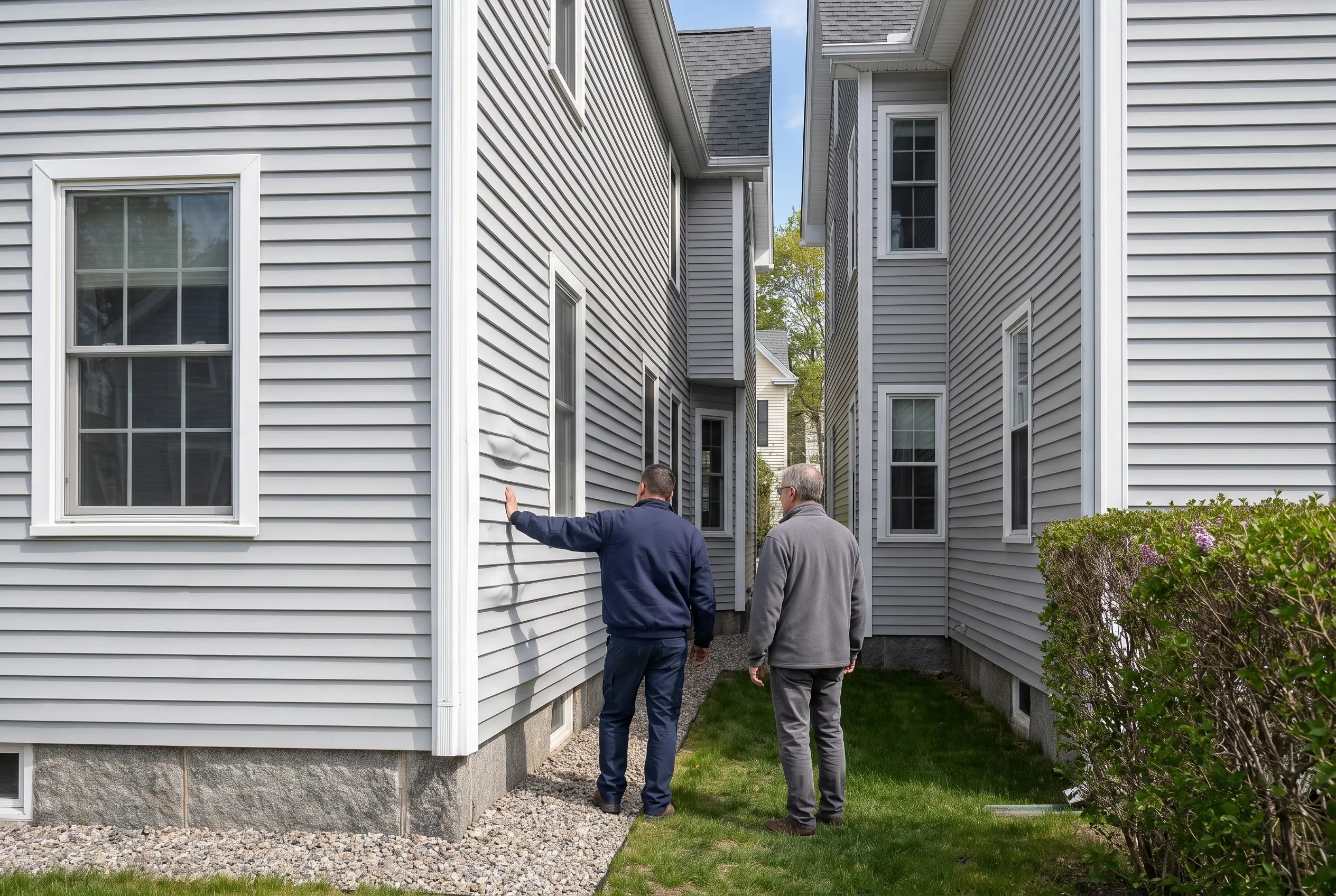 Residential siding replacement in Westbrook, ME: Two men stand in a narrow alley between white-sided houses examining the exterior wall of a gray and white sided home with white trim and gray roof.