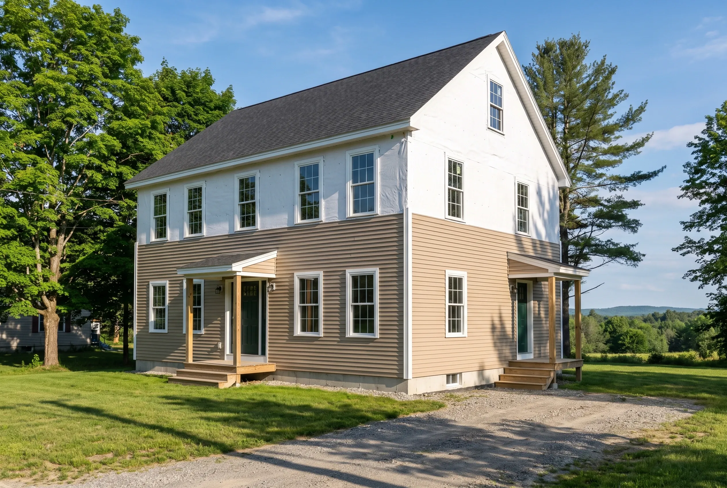 Re-sided colonial in Westbrook, ME: Two-story house with white upper level and tan vinyl siding lower level, dark roof, wooden porches, set on grassy lot with trees.