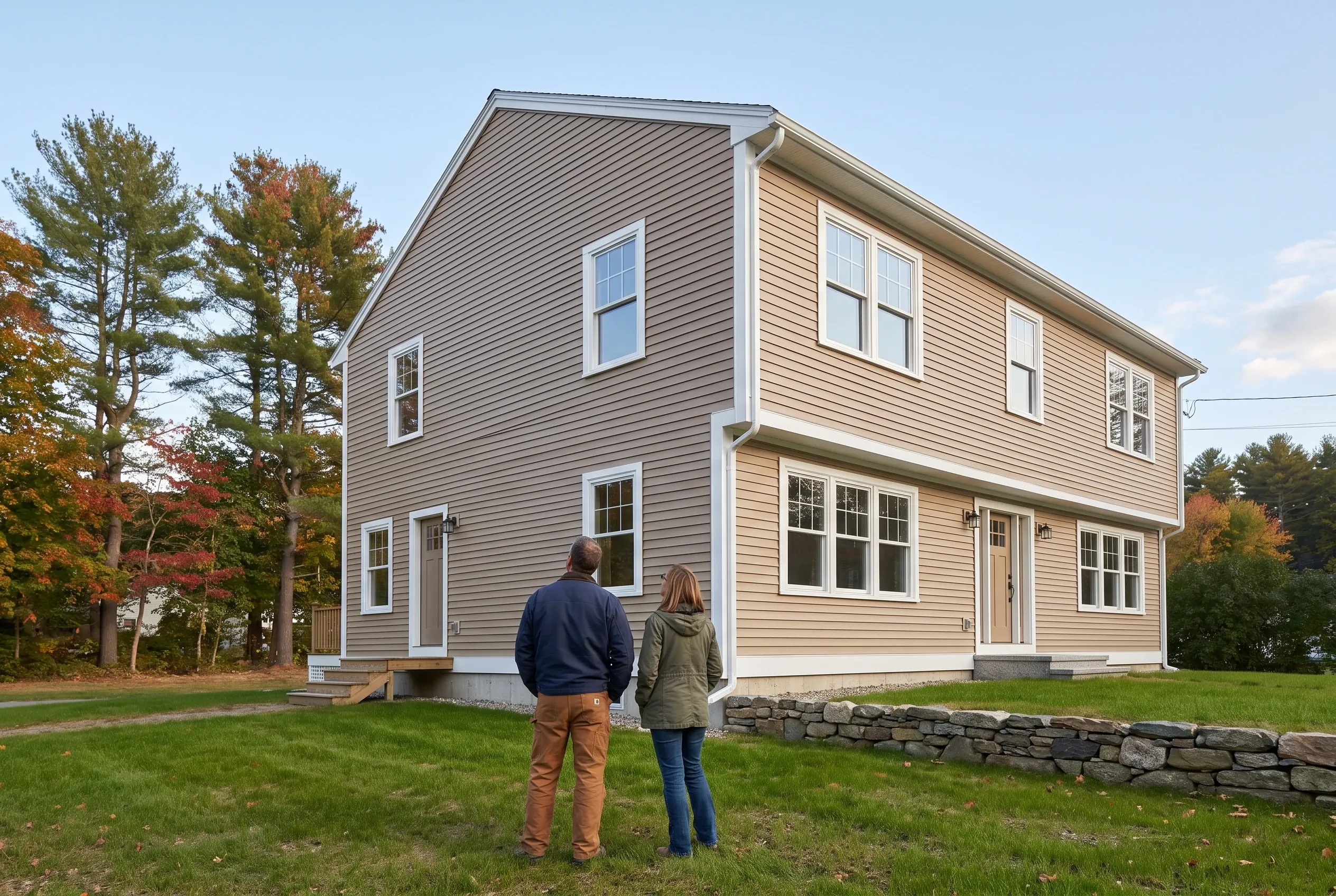 New England two-story home with tan vinyl siding: Couple viewing beige-sided house with white trim and metal roof in autumn setting with stone foundation and bare trees.