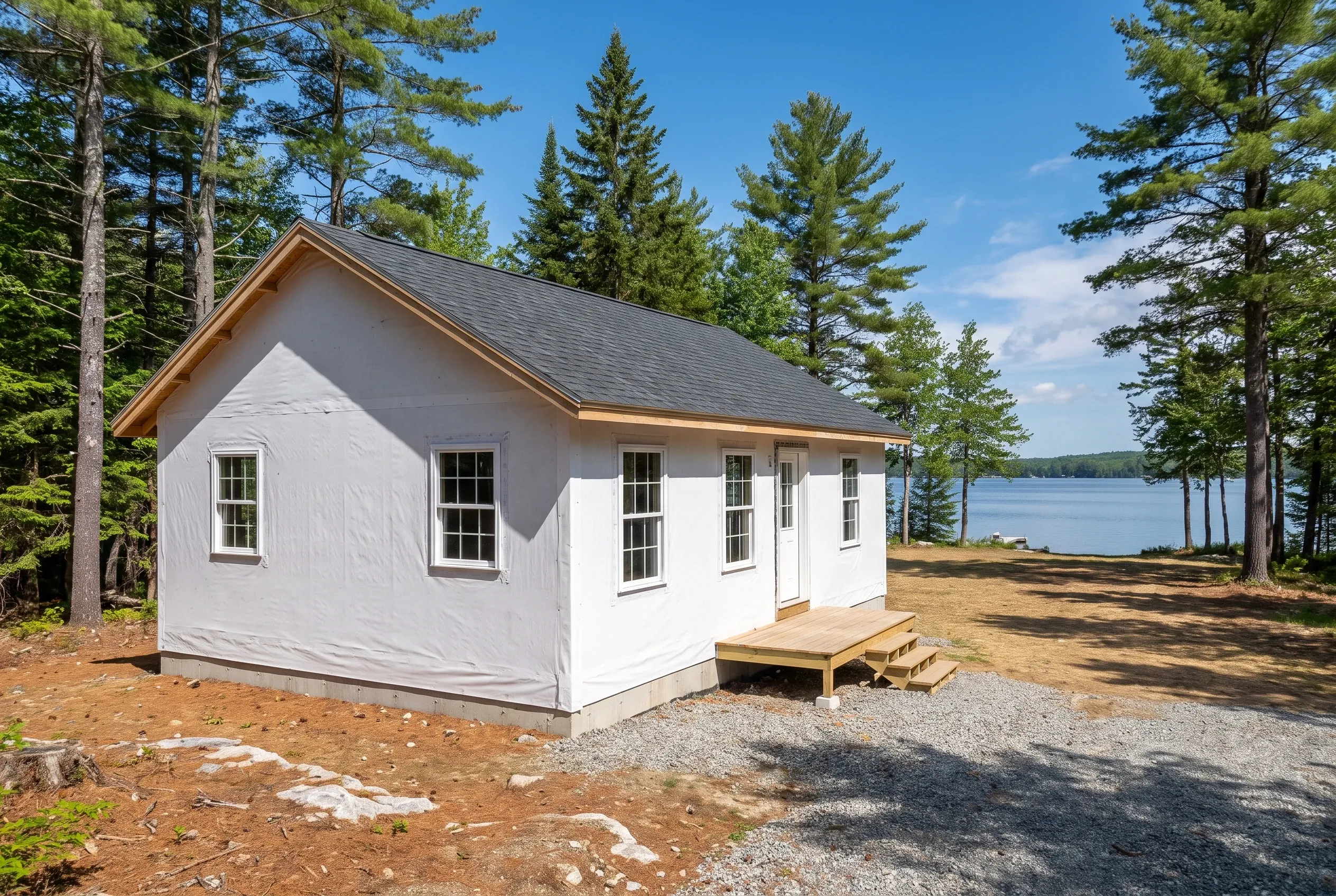 White cottage in Windham, Maine: Small white-sided cottage with dark roof and wooden deck surrounded by pine trees and lake view in background.