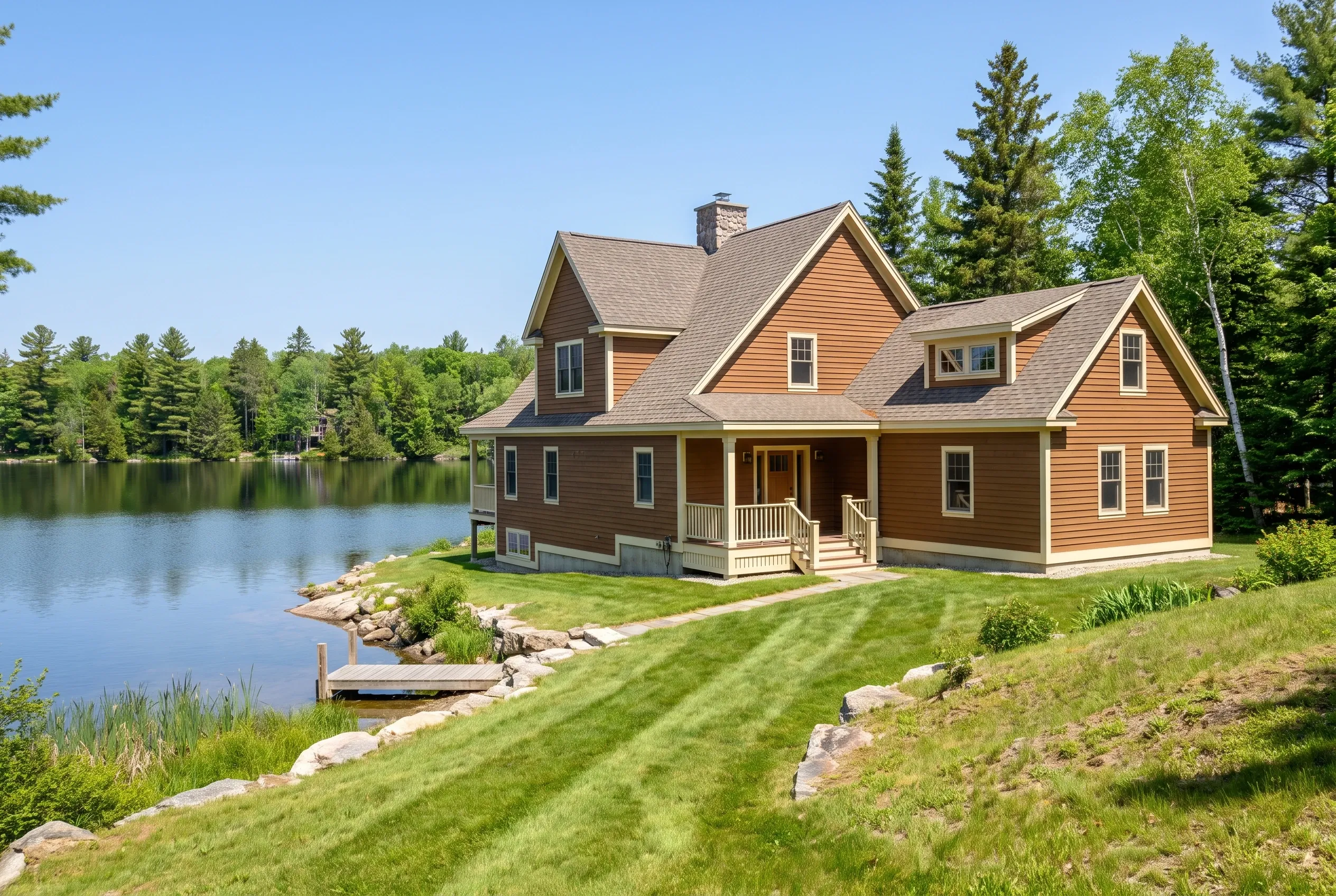 Brown Siding Lake House in Windham, Maine: Two-story home with brown vinyl siding, white trim, and gray roof beside a lake with green lawn and forest background.