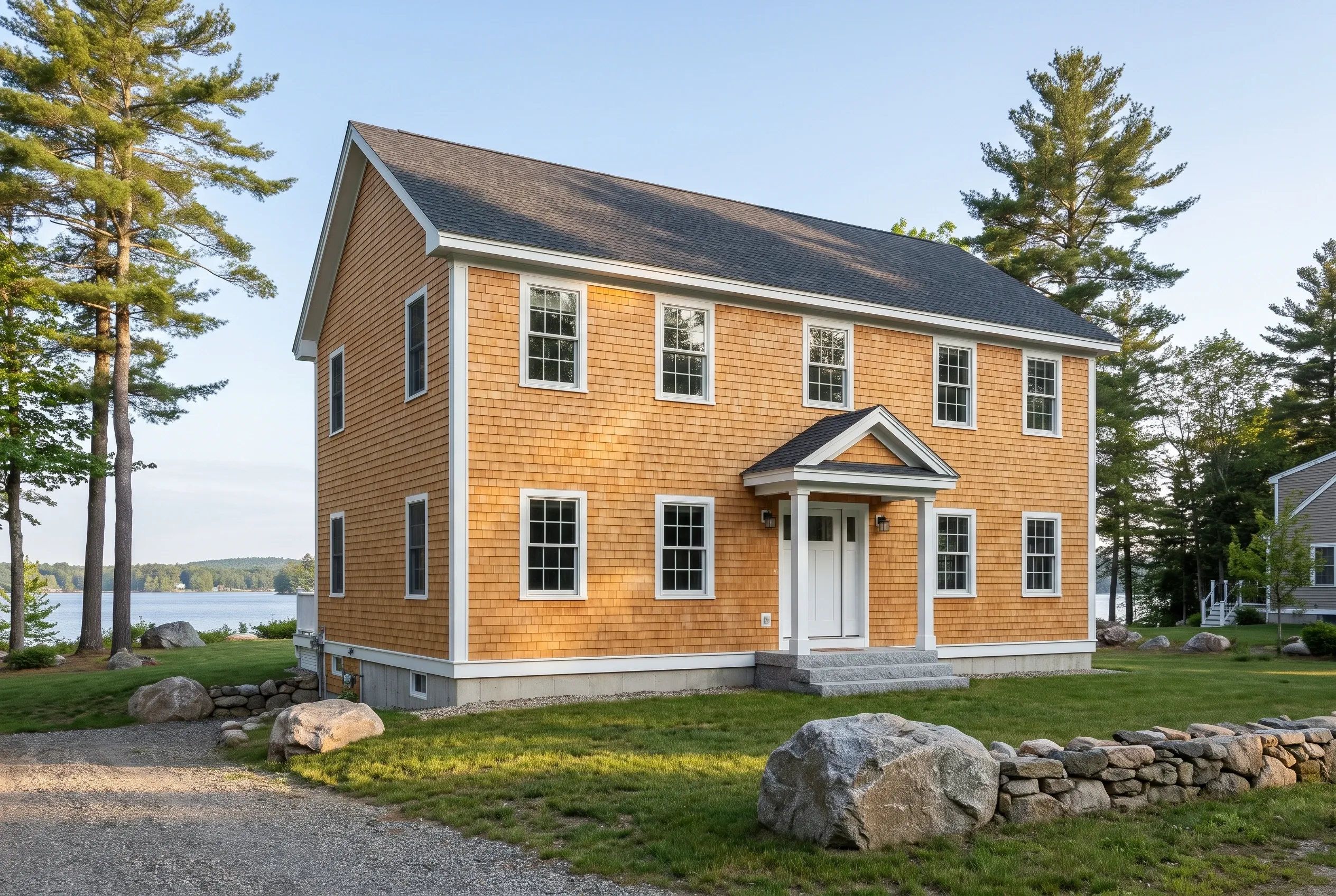 Siding contractors in Windham, ME: Two-story home with orange cedar shake siding, white trim, dark roof, near lake with tall pine trees.