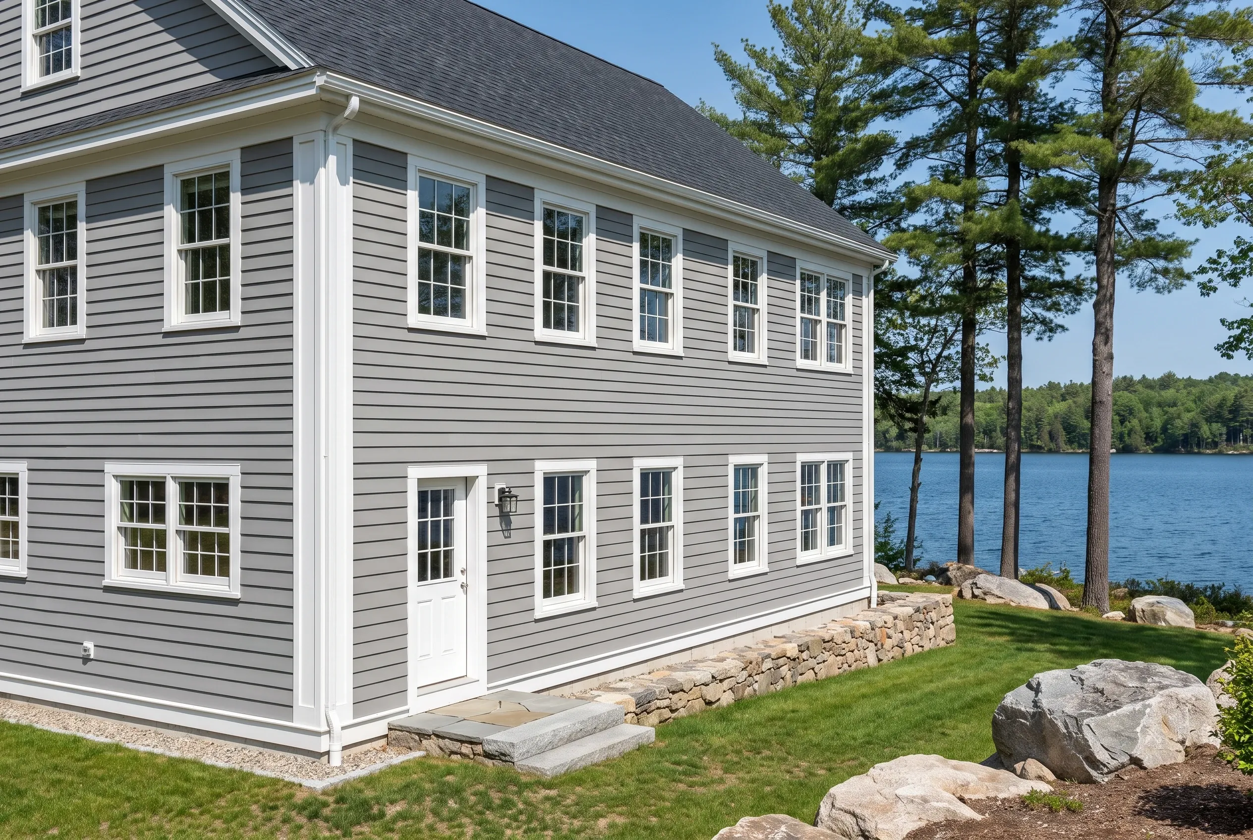 Gray Sided Home Windham Maine: Two-story house with horizontal gray siding, white trim, and dark roof overlooking a lake with pine trees and lawn.