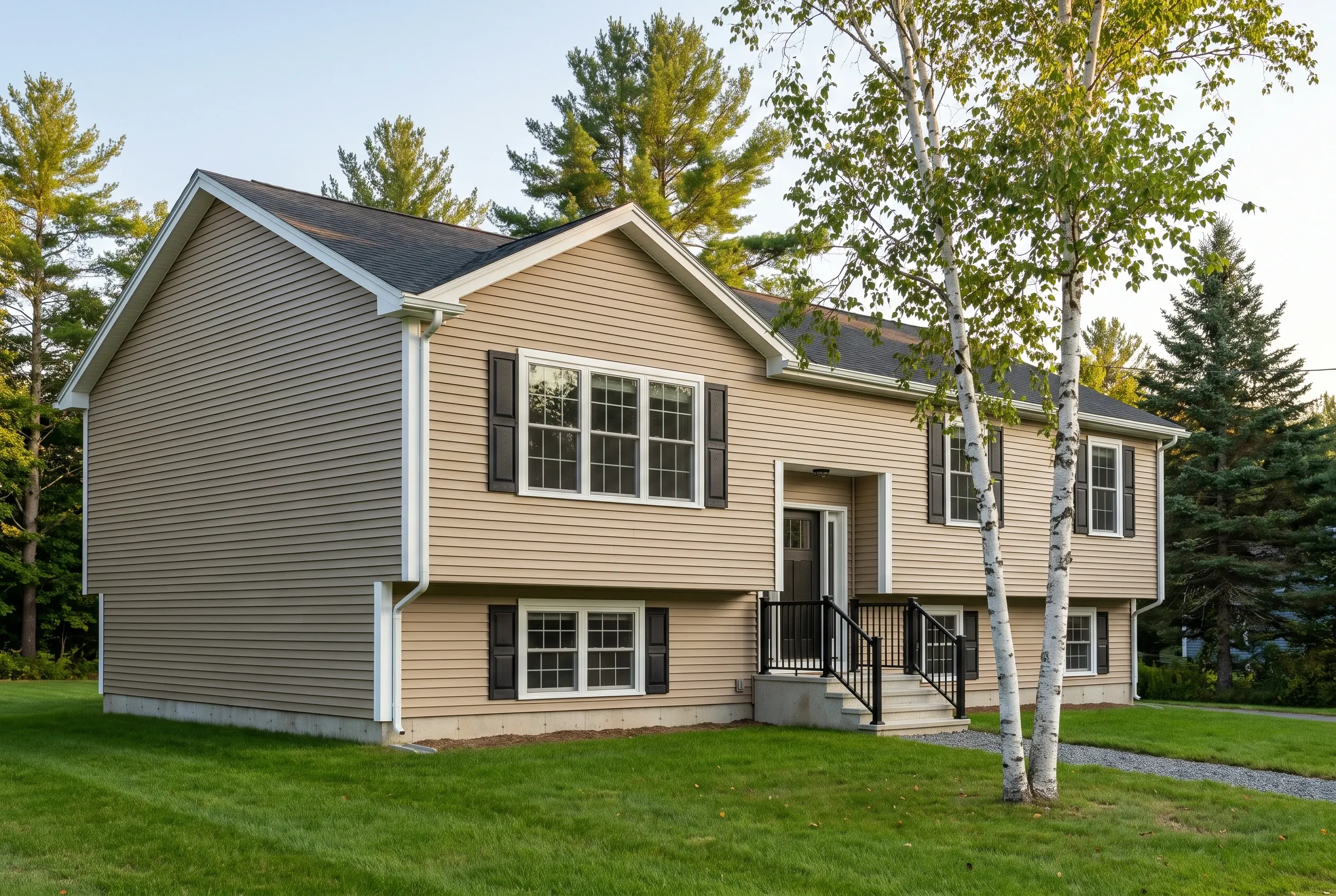 Re-sided split-level home in Windham, Maine: Two-story house with tan horizontal siding, white trim, black shutters, and dark roof surrounded by evergreen and birch trees on lawn.