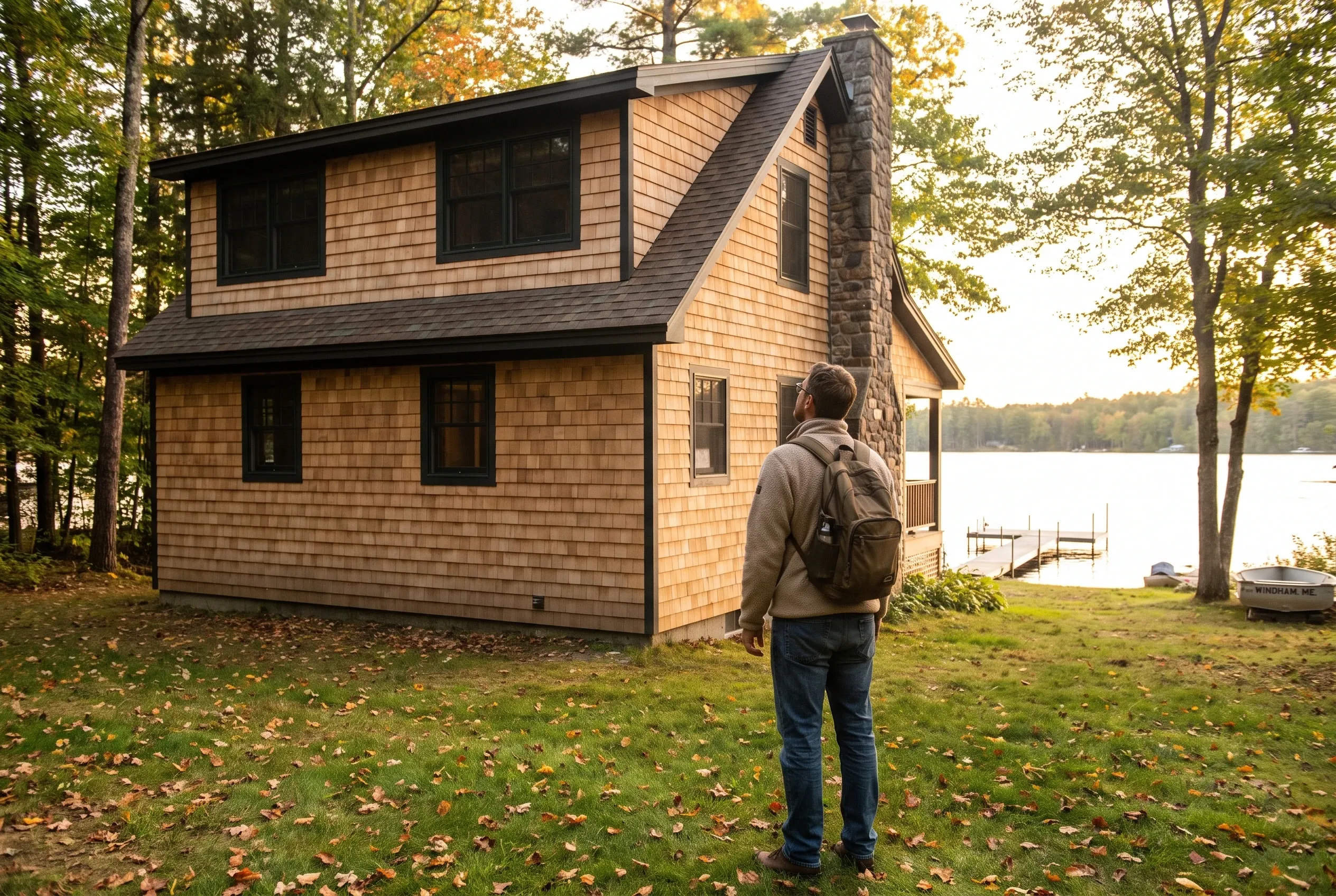 Cedar shake cottage in Windham, Maine: Person in backpack standing on lawn viewing two-story house with cedar shingle siding, black trim, dark roof, stone chimney, and lake view beyond.