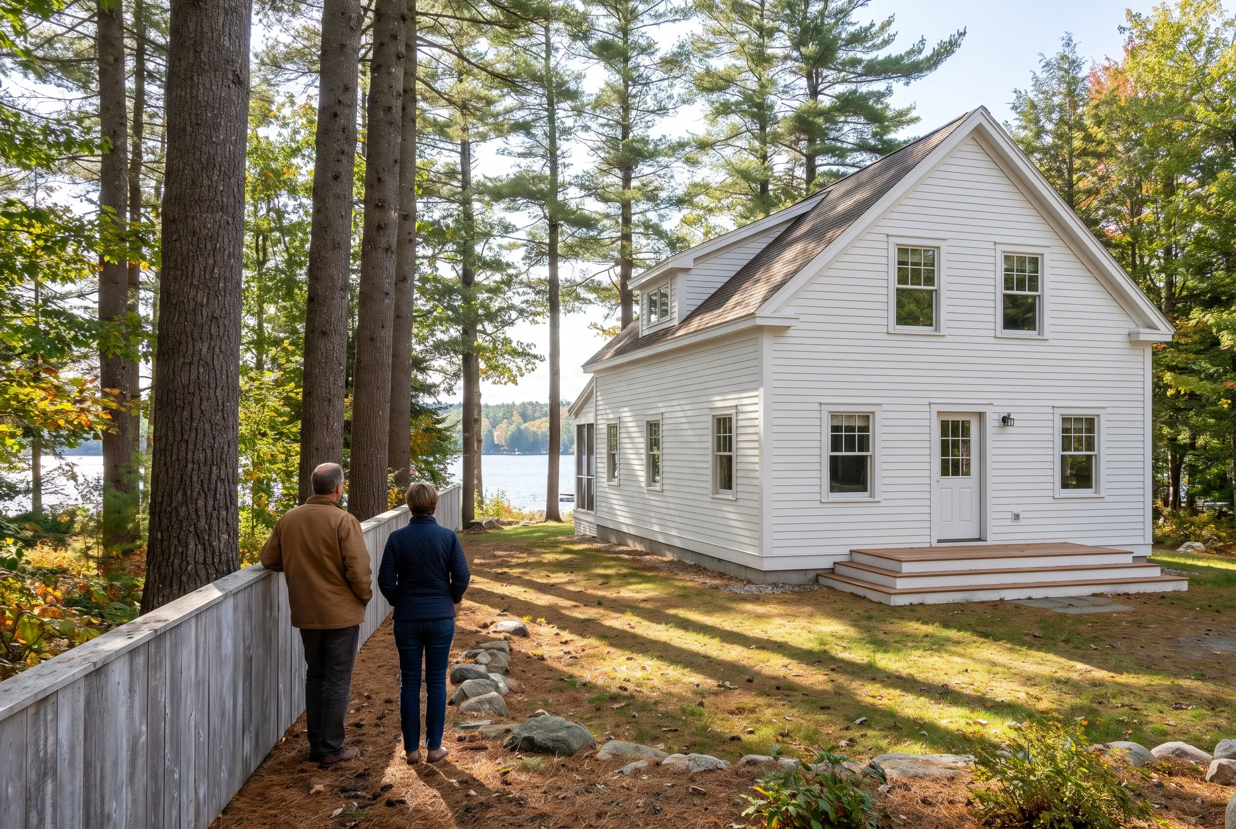 White farmhouse with new siding in Windham, Maine: Two people walking along a wooden fence toward a white two-story house with gray roof situated among tall pine trees overlooking a lake.