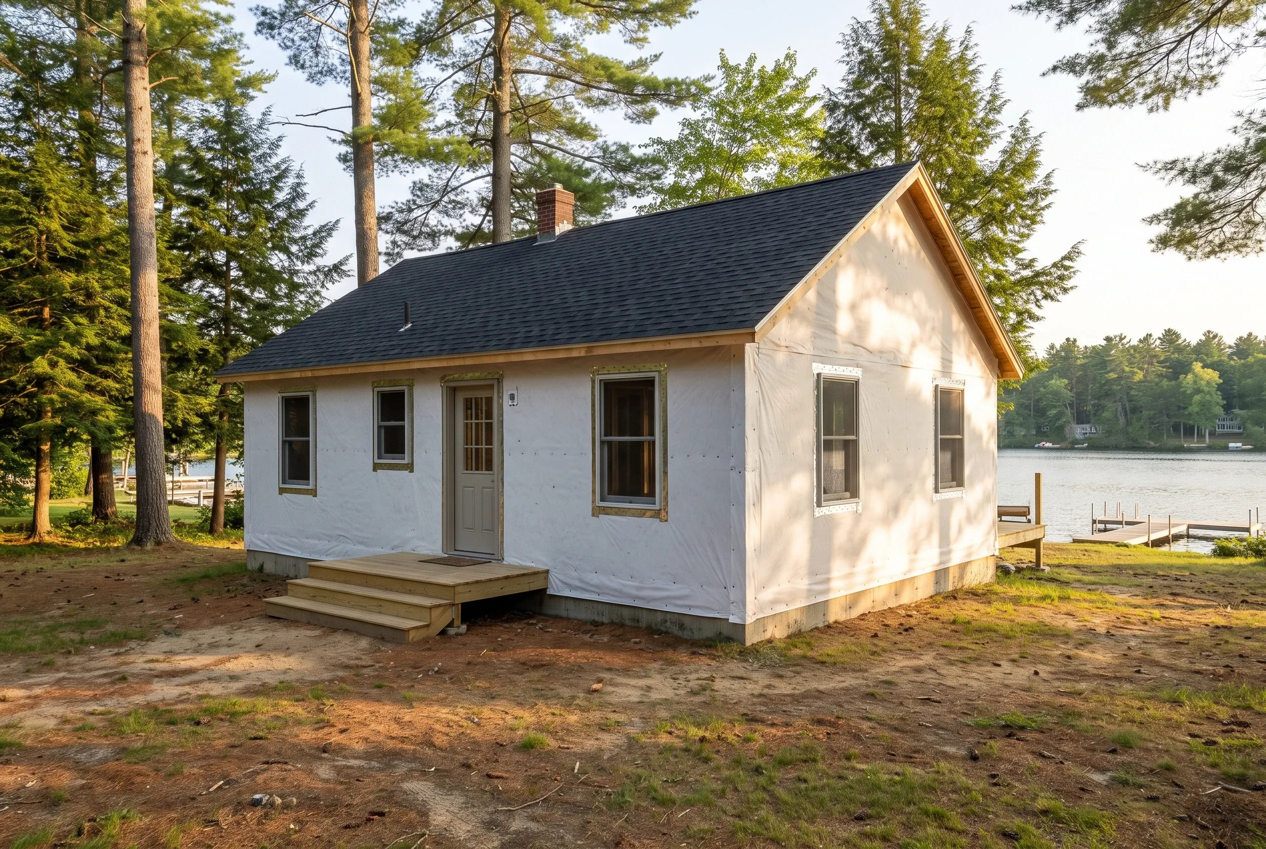 White-sided cottage in Windham, Maine: Small white cottage with dark roof and wooden trim beside a lake, surrounded by tall pine trees, with wooden dock visible at water's edge.