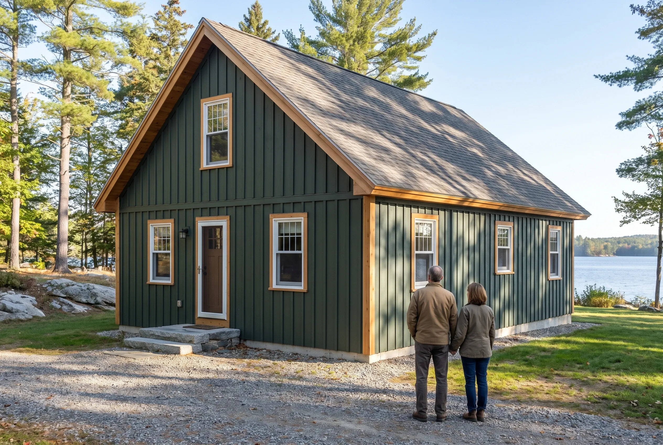 Modern cottage with green metal siding in Windham, ME: Two people stand facing a dark green corrugated metal-sided cottage with brown trim and dark roof, situated on a gravel driveway beside a lake surrounded by pine trees.