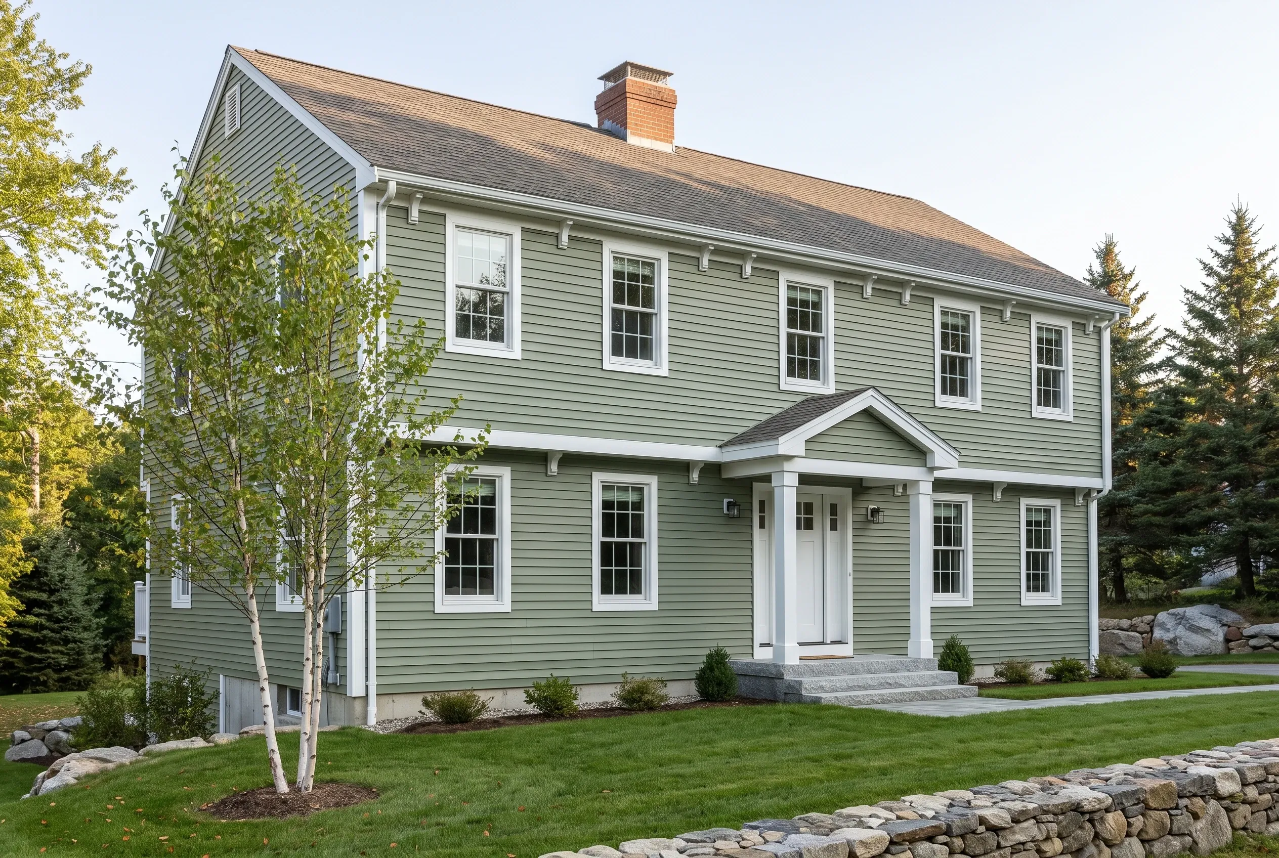 Green Colonial Home in Yarmouth, ME: Two-story colonial house with horizontal green siding, white trim, and dark roof, surrounded by lawn, trees, and stone wall.