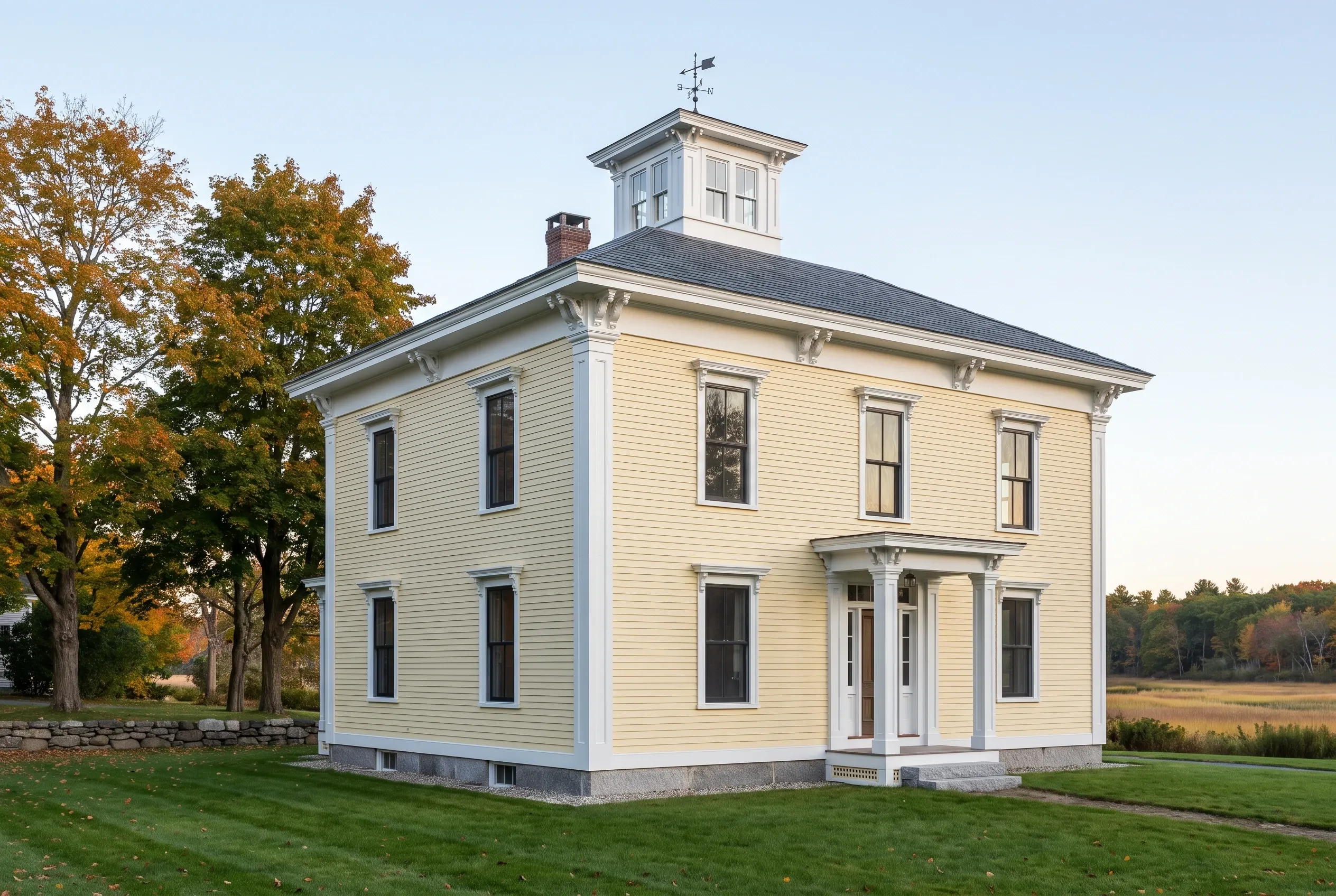 Yellow schoolhouse in Yarmouth, Maine: Two-story cream and yellow vinyl-sided historic building with white trim, black roof, cupola, and front portico surrounded by lawn and autumn trees.