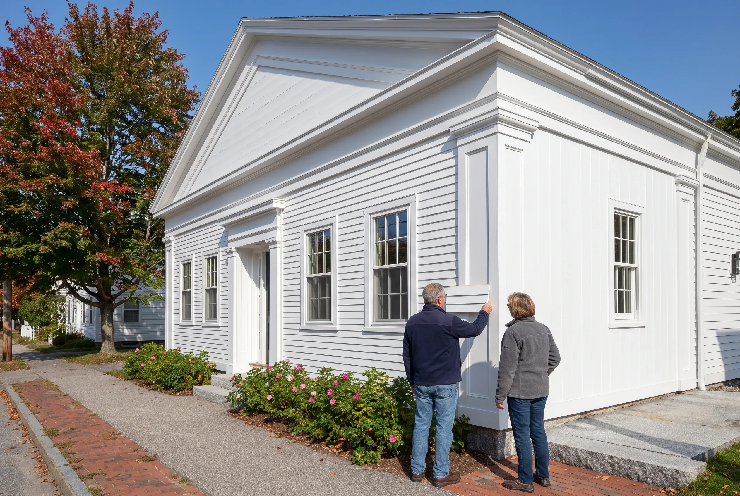 White siding replacement in Yarmouth, ME: Two people standing in front of a white single-story building with new horizontal siding, white trim, and gabled roof. Brick walkway and flowering shrubs visible in front.