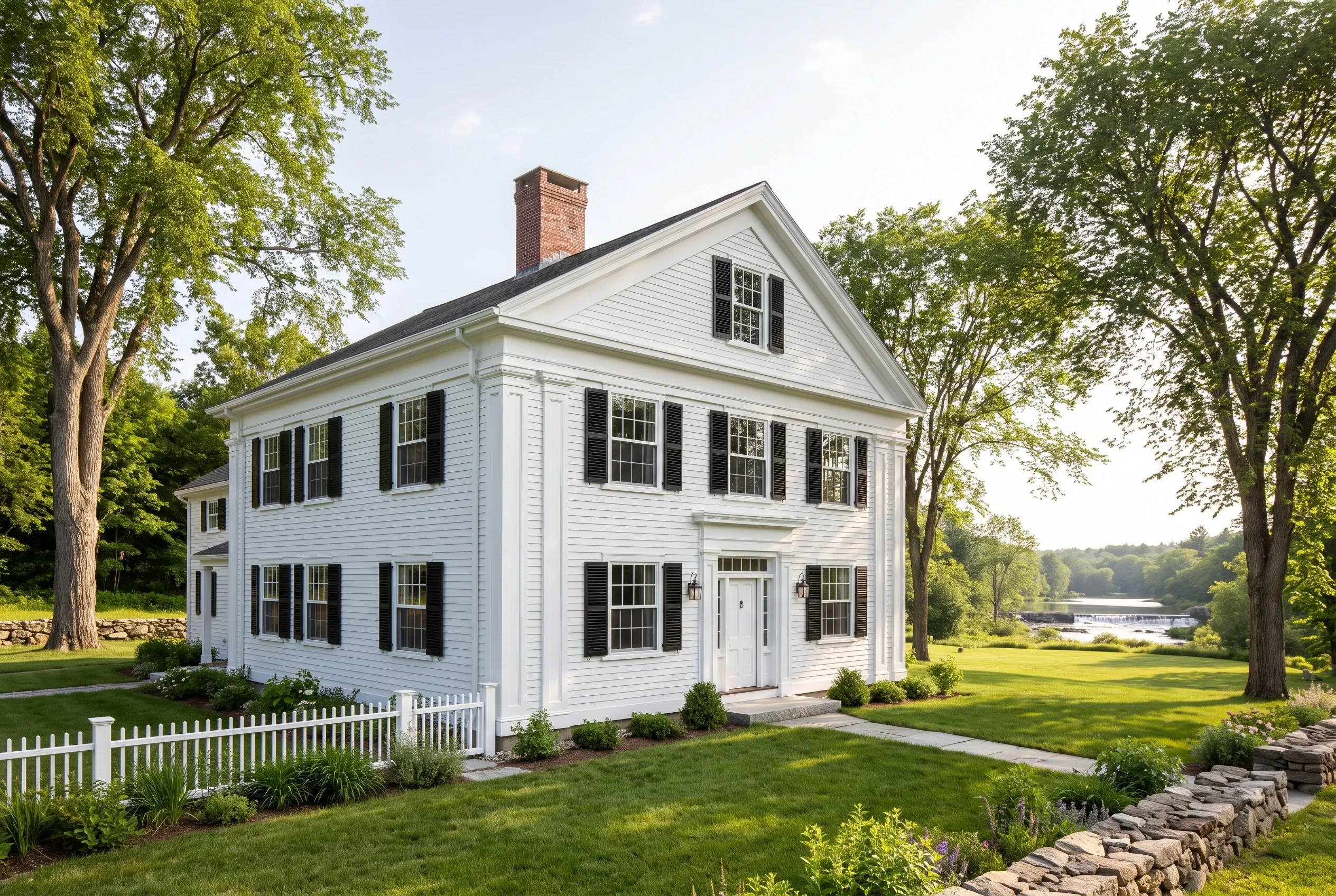 White Colonial Home in Yarmouth, Maine: Two-story white vinyl-sided colonial with black shutters, white trim, brick chimney, gabled roof, white picket fence, surrounded by mature trees and lawn with stone wall border and water visible in distance.