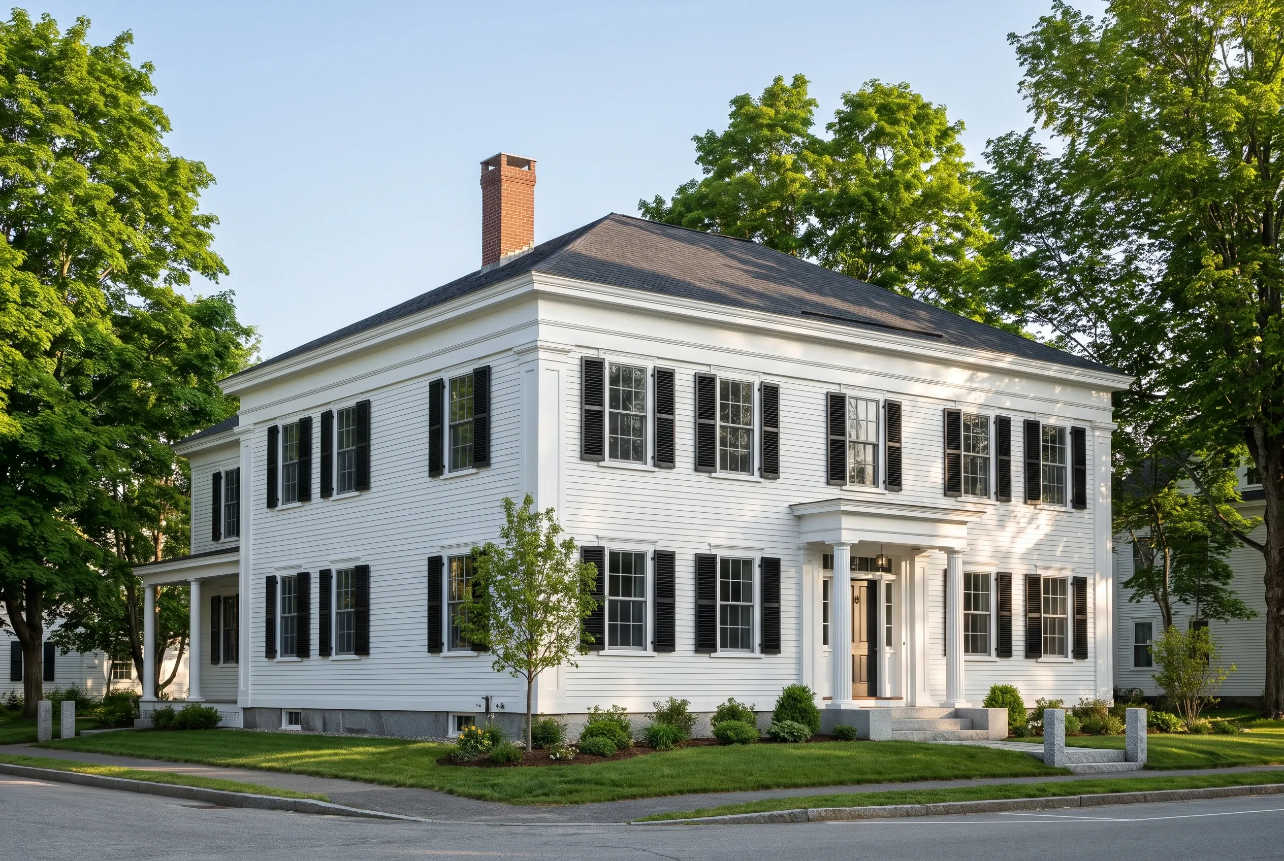 Siding contractors in Yarmouth, ME: White two-story colonial house with black shutters, brick chimney, covered front porch, surrounded by mature trees on a street corner.