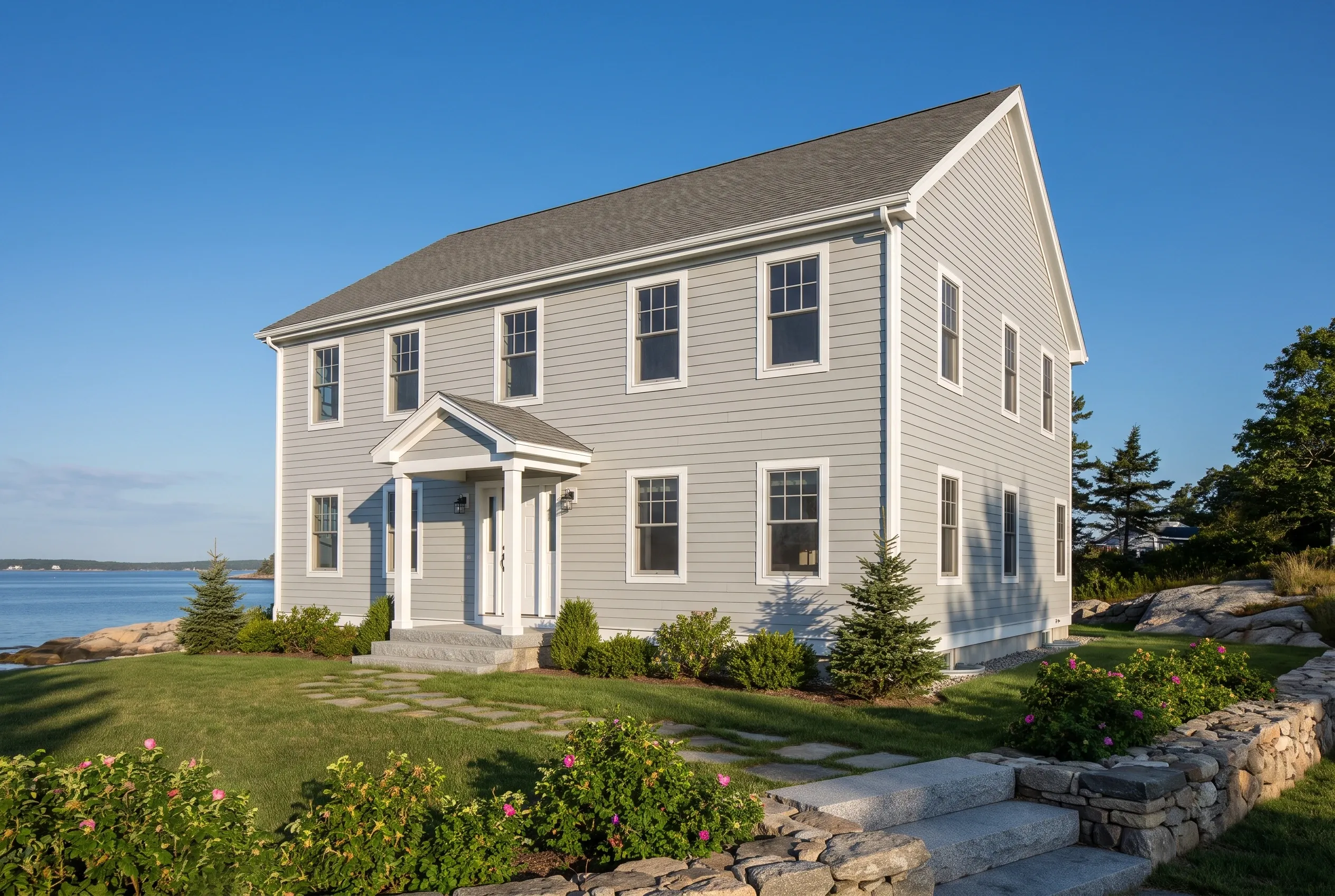 Re-sided colonial home in Yarmouth, ME: White vinyl-sided two-story house with white trim and gray roof beside blue water, manicured lawn with landscaping and stone pathway.