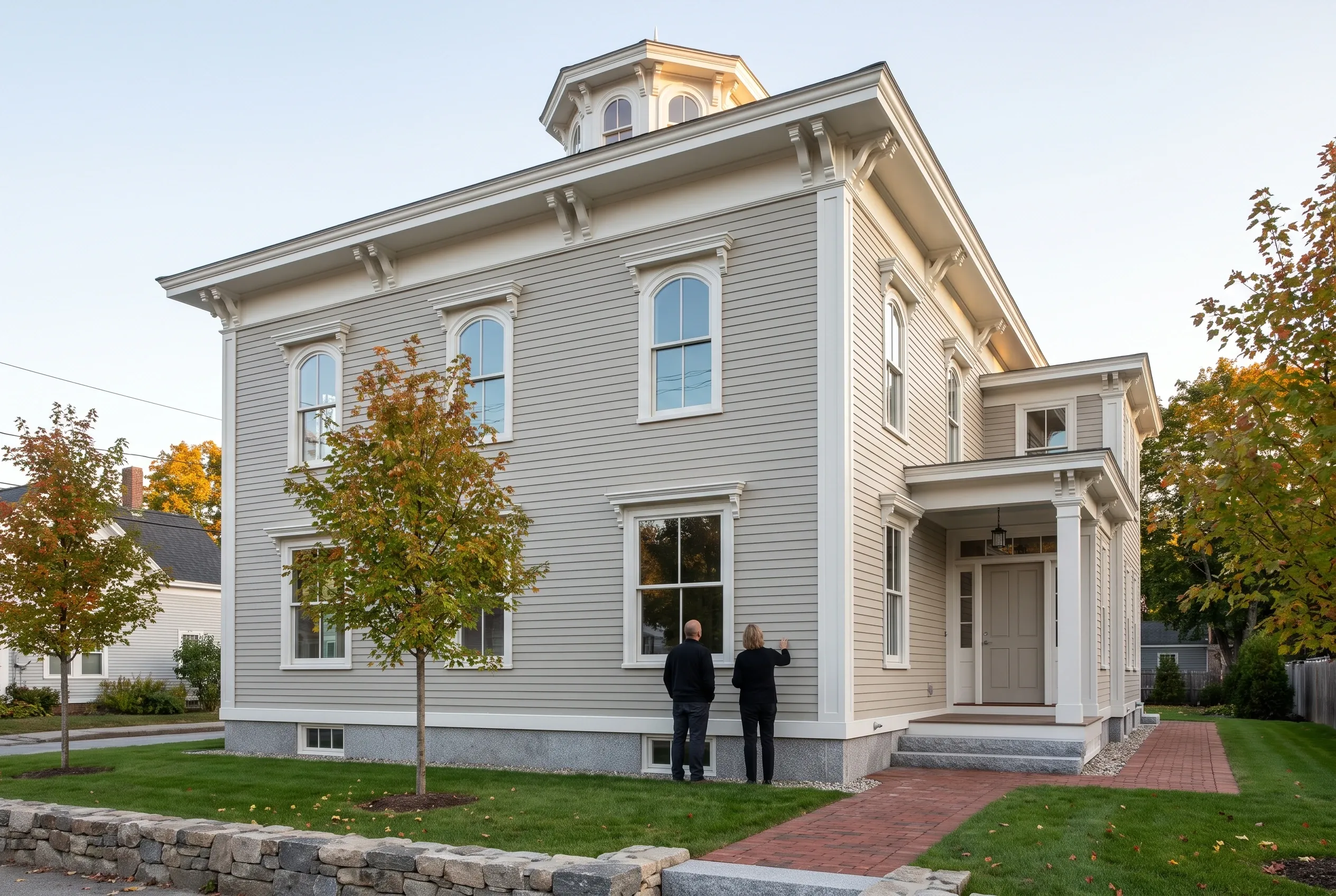 Re-sided colonial in Yarmouth, ME: Two-story white vinyl-sided house with gray roof and cupola. White trim, brick walkway, stone foundation. Two people standing at entrance. Fall foliage surrounding property.