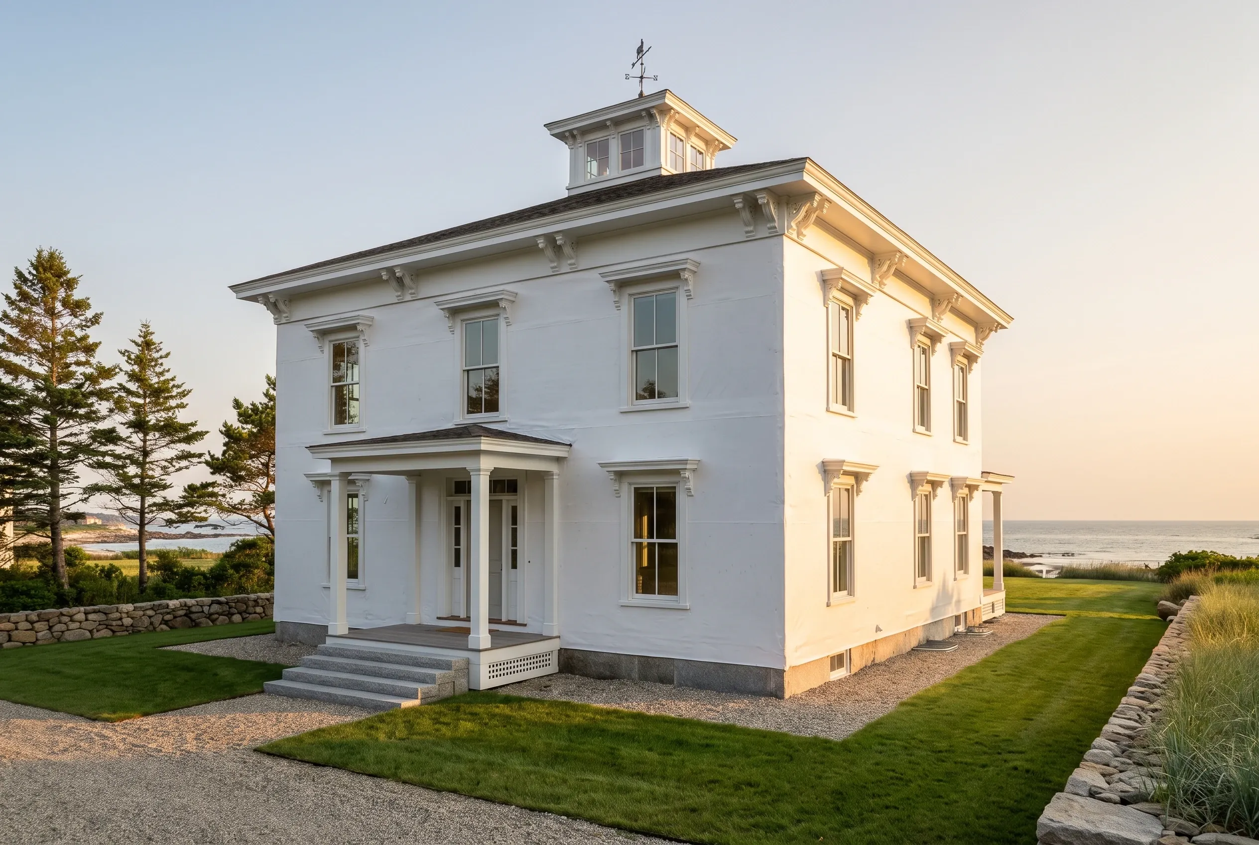 White Colonial Home in Yarmouth, Maine: Two-story white house with white trim and cupola, situated on grassy coastal property with stone foundation and evergreen trees visible in background.