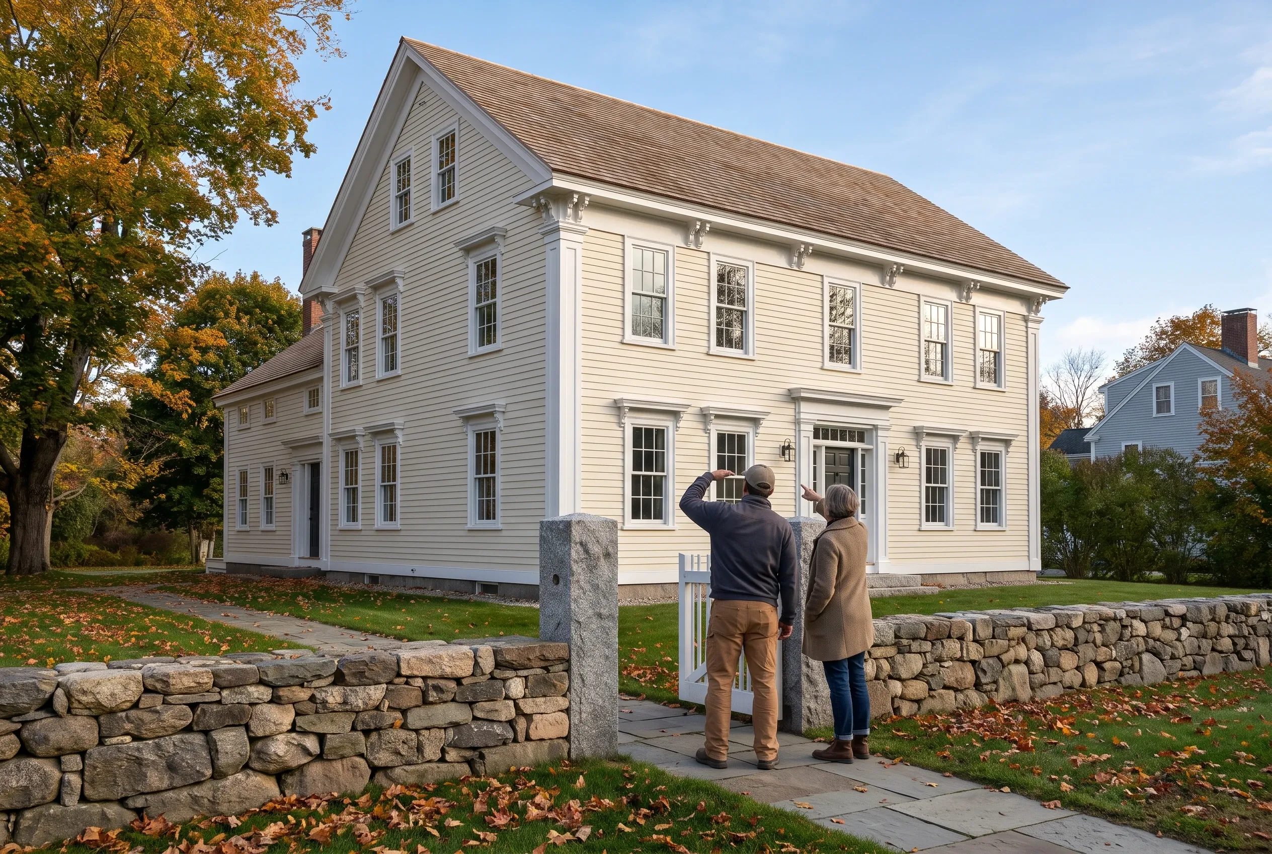Re-sided colonial home in Yarmouth, ME: Two-story white clapboard house with gray roof, white trim, and stone foundation. Couple standing at gate viewing property in autumn.